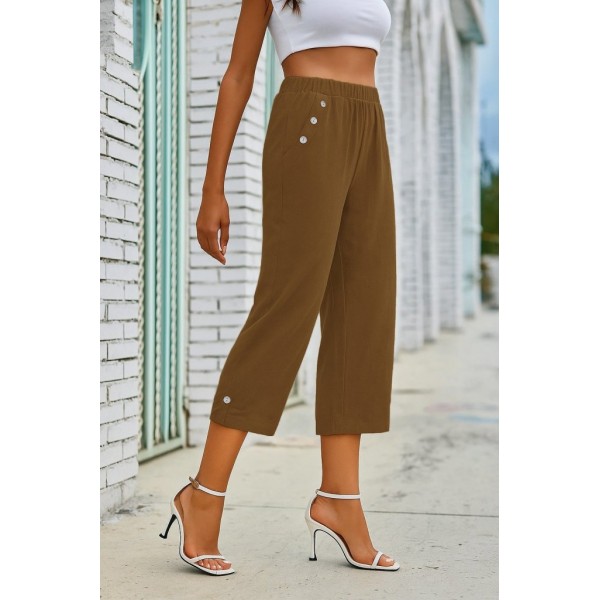 Kadın Beli Lastikli Düğme Ve Cep Detaylı Kapri Ithal Keten Pantolon