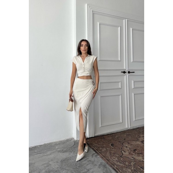 Bej Keten Gömlek Ve Etek Takım