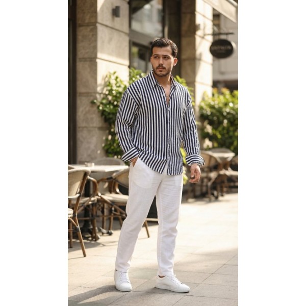 Erkek Dikey Çizgili Yarım Oversize Gömlek