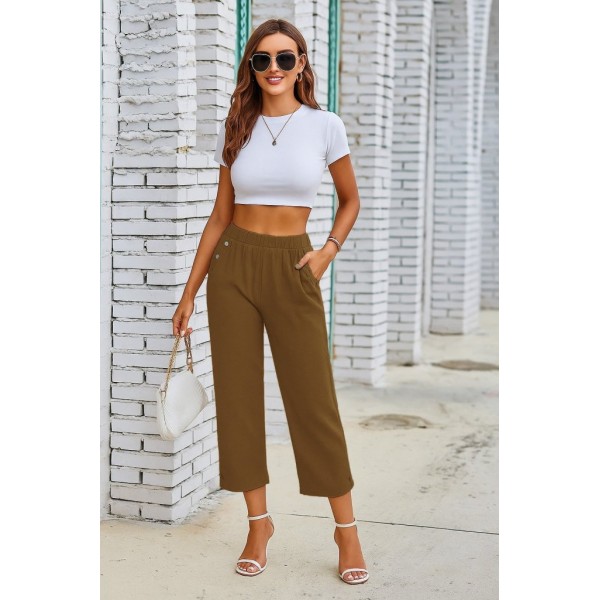 Kadın Beli Lastikli Düğme Ve Cep Detaylı Kapri Ithal Keten Pantolon