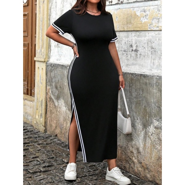 Kadın Kısa Kollu Bisiklet Yaka Yandan şerit Ve Yırtmaçlı Viskon Iki Iplik Elbise