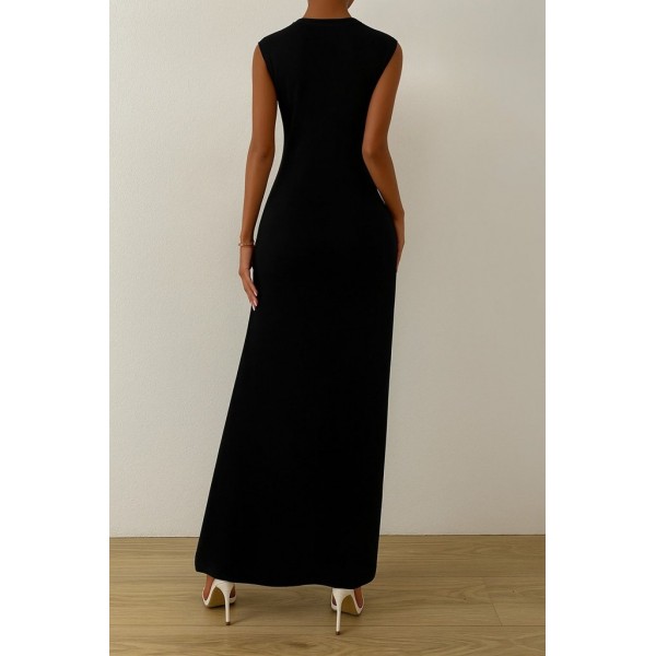 Kadın Sıfır Kollu Bisiklet Yaka Yandan Büzgü Detaylı Viskon Elbise