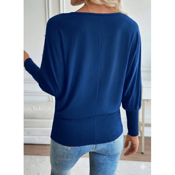 Kadın Uzun Kollu Yuvarlak Yaka Incili Viskon Bluz