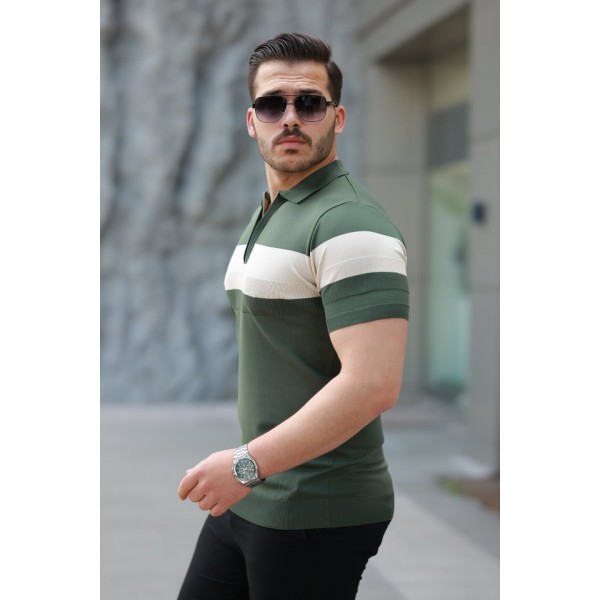 Erkek Fermuar Yakalı şerit Renk Desenli Kısa Kollu Tişört