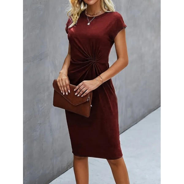 Kadın Kısa Kollu Bisiklet Yaka Yandan Büzgülü Midi Viskon Elbise