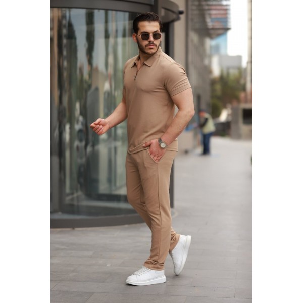 Erkek Yakalı Fermuarlı T-shirt Pantolon Ikili Rahat Takım
