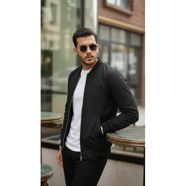 Erkek İçi Astarlı Su Geçirmez Bomber Mevsimlik Ceket - Siyah