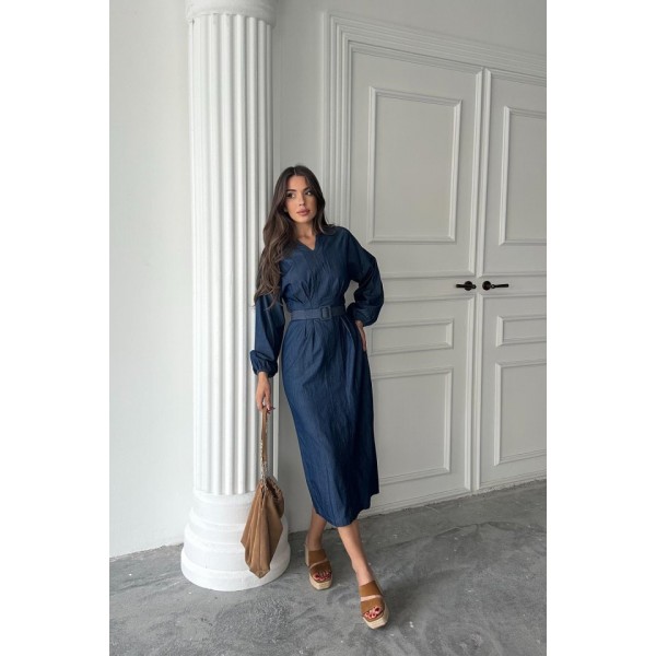 Mavi Tencel Uzun Kollu Elbise