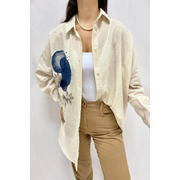 Bej Taş İşlemeli Keten Gömlek