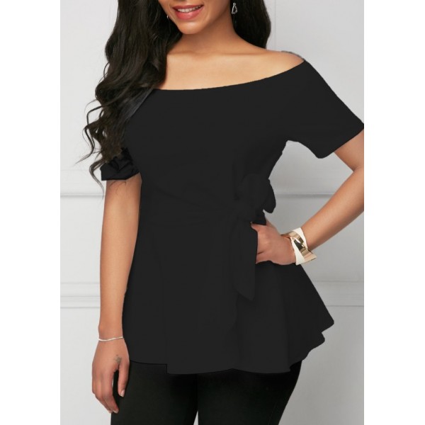 Kadın Kısa Kollu Madonna Yaka Yandan Bağlamalı Ithal Krep Bluz