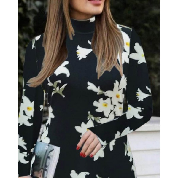 Kadın Balıkçı Yaka Uzun Kollu çiçek Desenli Krep Elbise