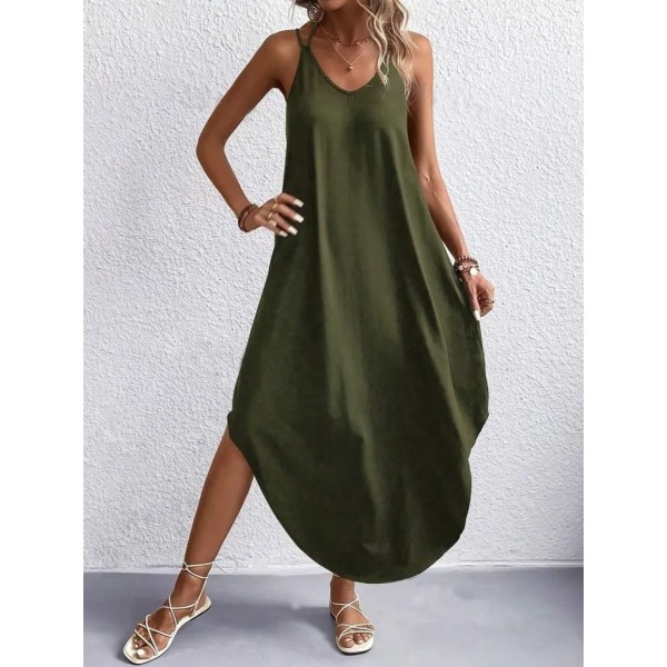 Kadın Askılı V Yakalı Uzun Viskon Elbise