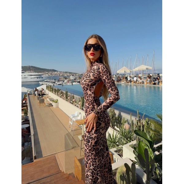 Kadın Leopar Desenli Sırt Dekoltelı Maxı Boy Elbise