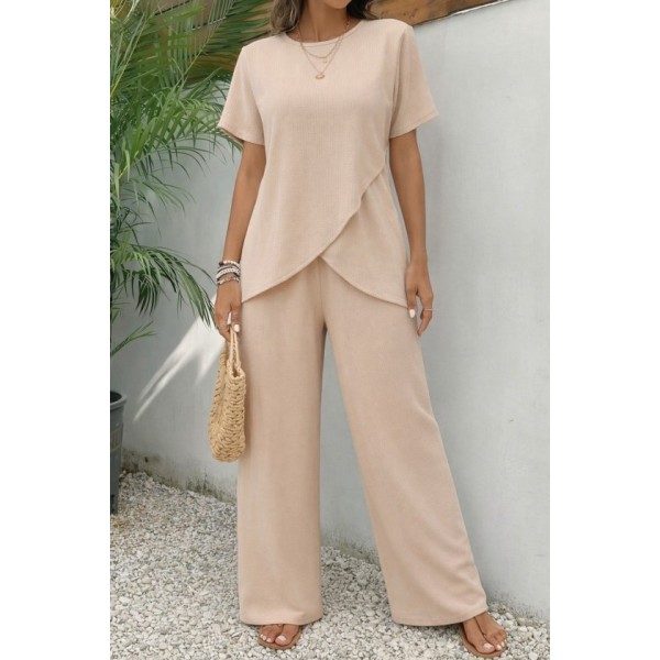 Kadın Kısa Kollu Bisiklet Yaka Asimetrik Kesim Detaylı Bürümcük Bluz Ve Pantolon Ikili Takım