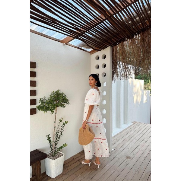 Nar Çiçeği Dantel Detaylı Brode Elbise