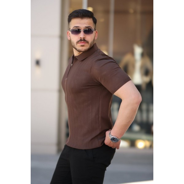 Erkek Yakası Fermuarlı Kısa Kollu T-shirt