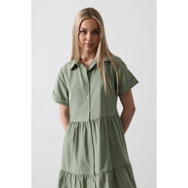 Kısa Kol Düğmeli Elbise - Haki