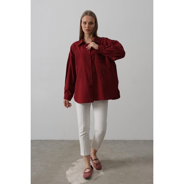 Boncuk Nakış Detaylı Uzun Gömlek - Bordo