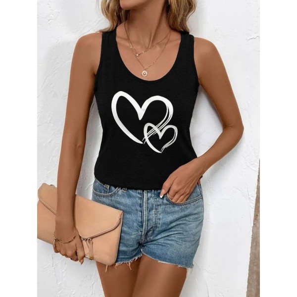 Kadın Askılı Yuvarlak Yaka Kalp Baskılı Viskon Bluz