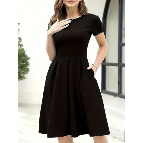 Kadın Kısa Kollu Bisiklet Yaka önden Pile Detaylı Janjan Krep Elbise