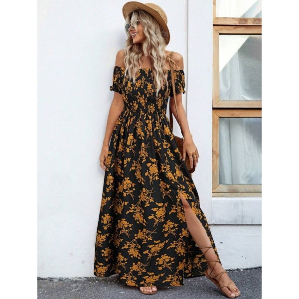 Kadın Kısa Kollu Madonna Yaka Yırtmaçlı çiçek Desenli Süprem Elbise