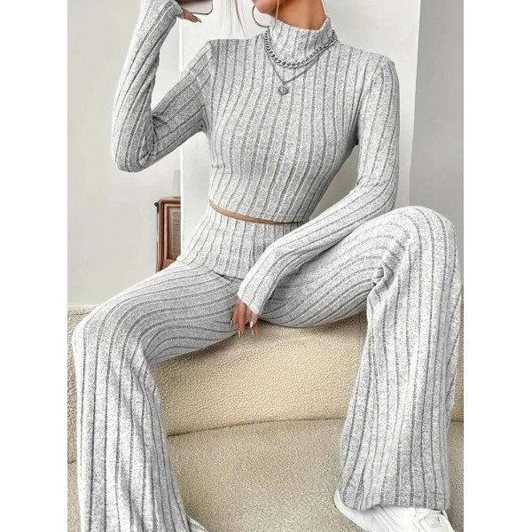 Kadın Uzun Kollu Balıkçı Yaka Krop Ve Pantolon şardonlu Kaşkorse Ikili Takım