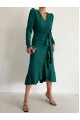 Kadın Yeşil Krep Kumaş Midi Boy Kuşaklı Uzunkol Elbise