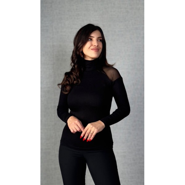 Kadın Omuzları Tül Balıkçı Yaka Viskon Kumaş Bluz