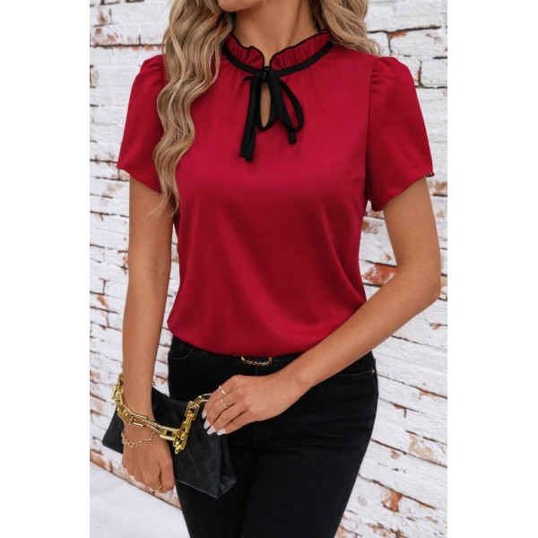 Kadın Kısa Kollu Yakası Fırfırlı Bağcıklı Janjan Krep Bluz