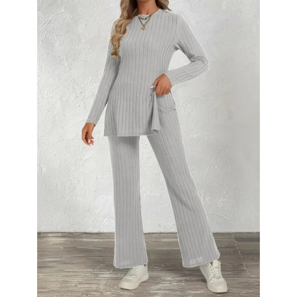 Kadın Uzun Kollu Bisiklet Yaka Yandan Yırtmaçlı şardonlu Kaşkorse Bluz Ve Pantolon Ikili Takım