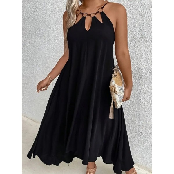 Kadın Boyundan Askılı Damla Detaylı Halkalı Asimetrik Kesim Viskon Elbise