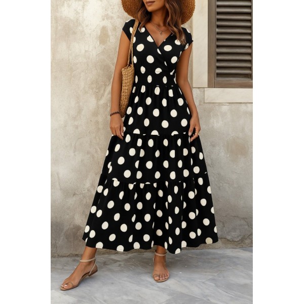 Kadın Kısa Kollu Kruvaze Yaka Beli Lastikli Süprem Maksi Boy Elbise