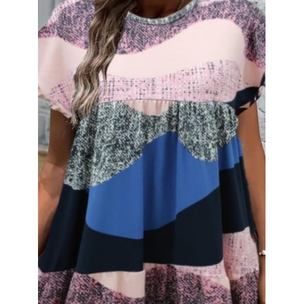 Kadın Kısa Kollu Bisiklet Yaka Kare Desenli Dalgıç Elbise