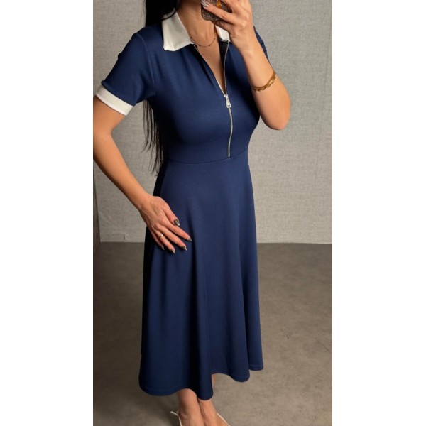 Kadın Polo Yaka Fermuar Detaylı Modal Midi Elbise
