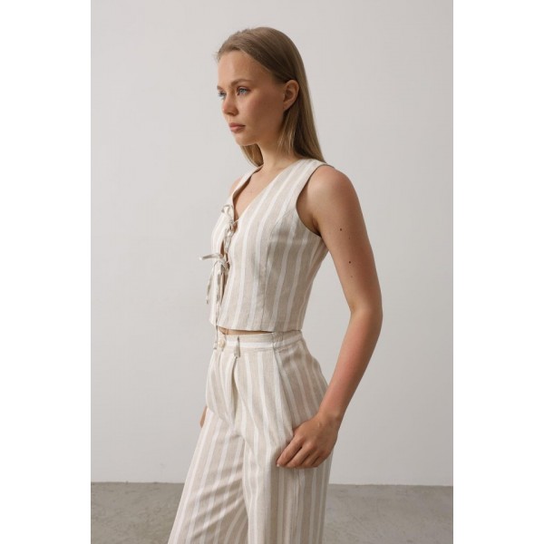 Çizgili Yelek Takım - Beyaz-Taş