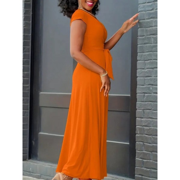 Kadın Kısa Kollu V Yakalı Belden Kuşaklı Maksi Boy Viskon Elbise