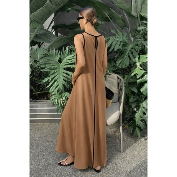 Kadın Omuzlardan Açık Yaka Ince şerit Detaylı Uzun Viskon Elbise