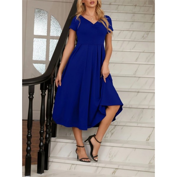 Kadın Kısa Kollu V Yakalı önden Pileli Midi Janjan Krep Elbise