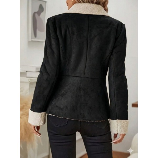 Kadın Uzun Kollu önden Düğmeli Cep Detaylı Kısa Süet Ceket