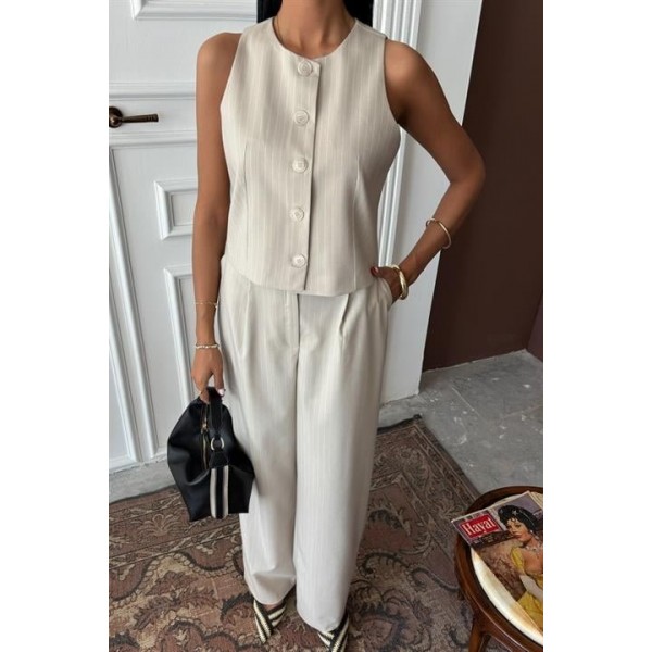 Yelek Plazzo Pantolon Çizgili Flamlı Poliviscon Takım 10178