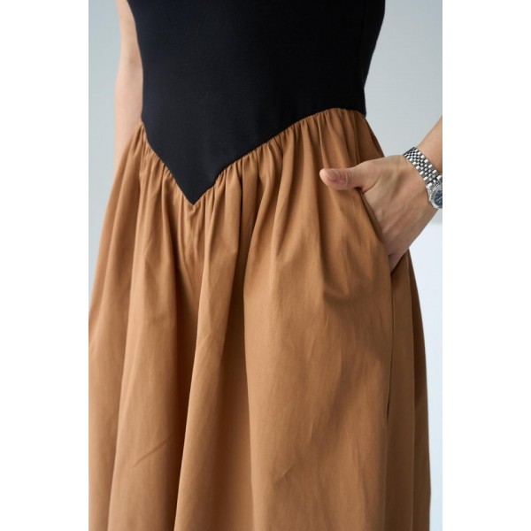 İki Renkli Elbise - Siyah-Taba