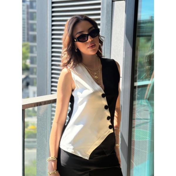 Kadın Sıfır Kol V Yakalı Düğmeli Blok Renkli Atlas Yelek