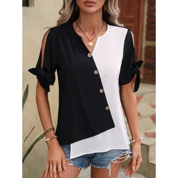 Kadın Kısa Kollu Kollardan Bağlamalı önden Asimetrik Kesim çift Renk Detaylı Düğmeli Ithal Krep Bluz