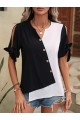 Kadın Kısa Kollu Kollardan Bağlamalı önden Asimetrik Kesim çift Renk Detaylı Düğmeli Ithal Krep Bluz