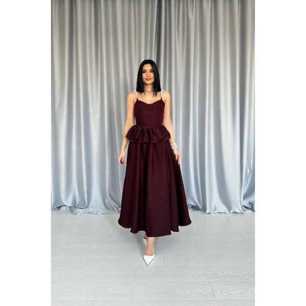 Bordo Beli Büzgülü İnci Askılı Uzun Elbise
