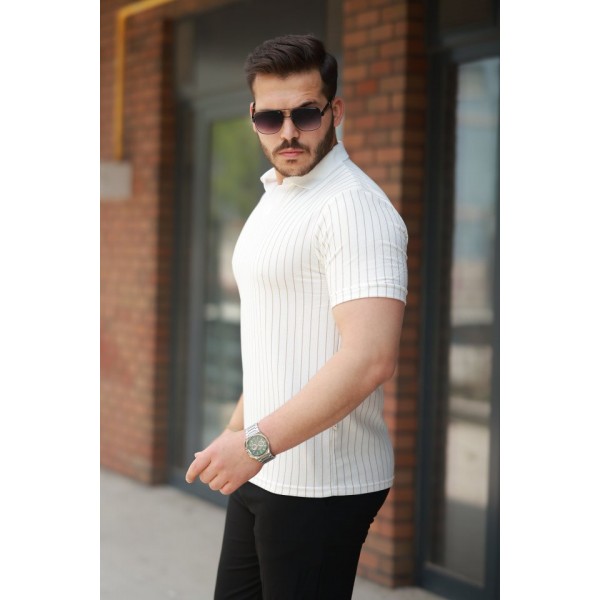 Erkek Yakalı çizgi Desenli Kısa Kollu Tişört