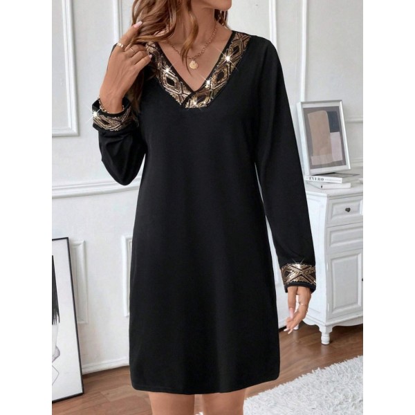 Kadın Uzun Kollu V Yakalı Pulpayet Detaylı Mini Ithal Krep Elbise