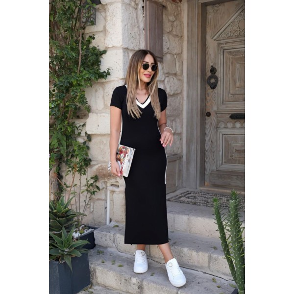 Kadın Kısa Kollu V Yakalı Yandan şerit Ve Yırtmaçlı Viskon Uzun Elbise