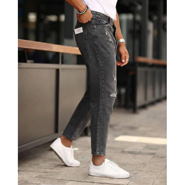 Erkek Koyu Gri Yırtık Detaylı Boyfriend Jean 
