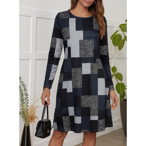 Kadın Uzun Kollu Yuvarlak Yaka Geometrik Süprem Elbise